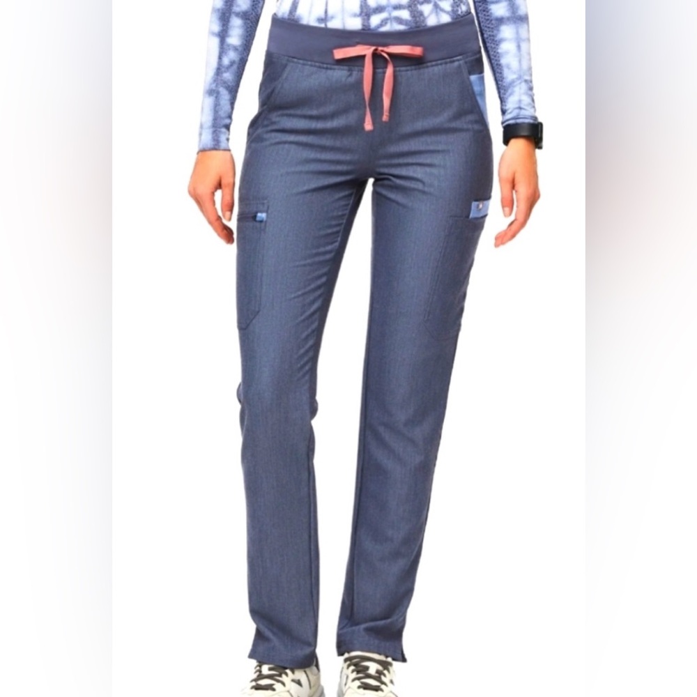 FIGS Yola Skinny Scrub Pants Heather Denim Small Tall Pink Drawstring Waist